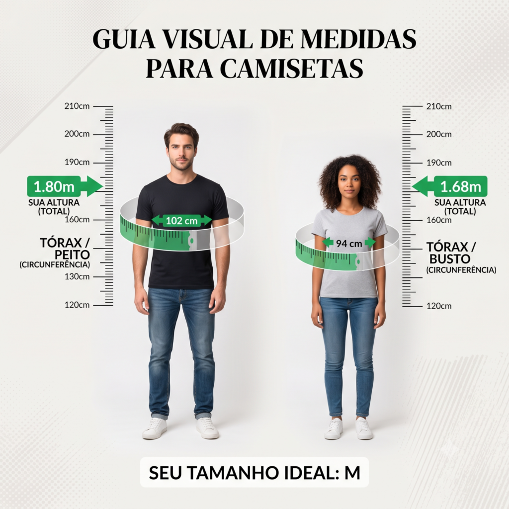 Guia visual calculadora online tamanho ideal camiseta básica